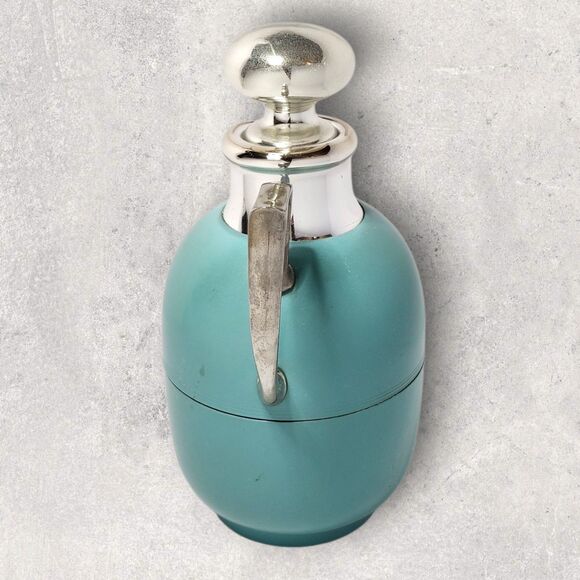 Vintage Manning Bowman Art Deco Turquoise Thermos & Tray w/ Glass Stopper Chrome - Picture 6 of 16